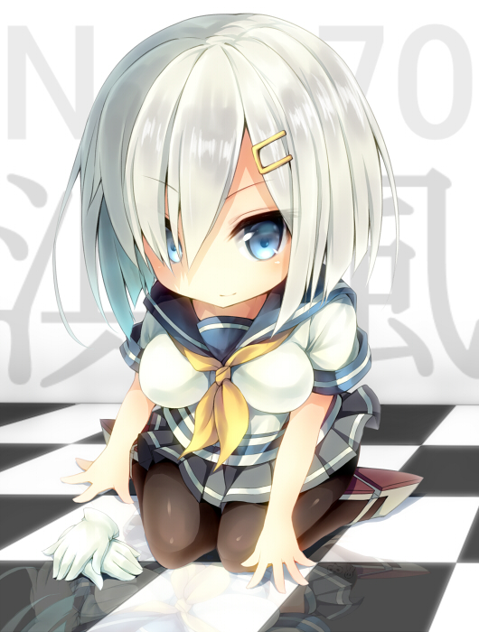 blue_eyes breasts gloves gloves_removed hair_ornament hair_over_one_eye hairclip hamakaze_(kantai_collection) kabocha_usagi kantai_collection medium_breasts pantyhose school_uniform serafuku short_hair short_sleeves silver_hair solo