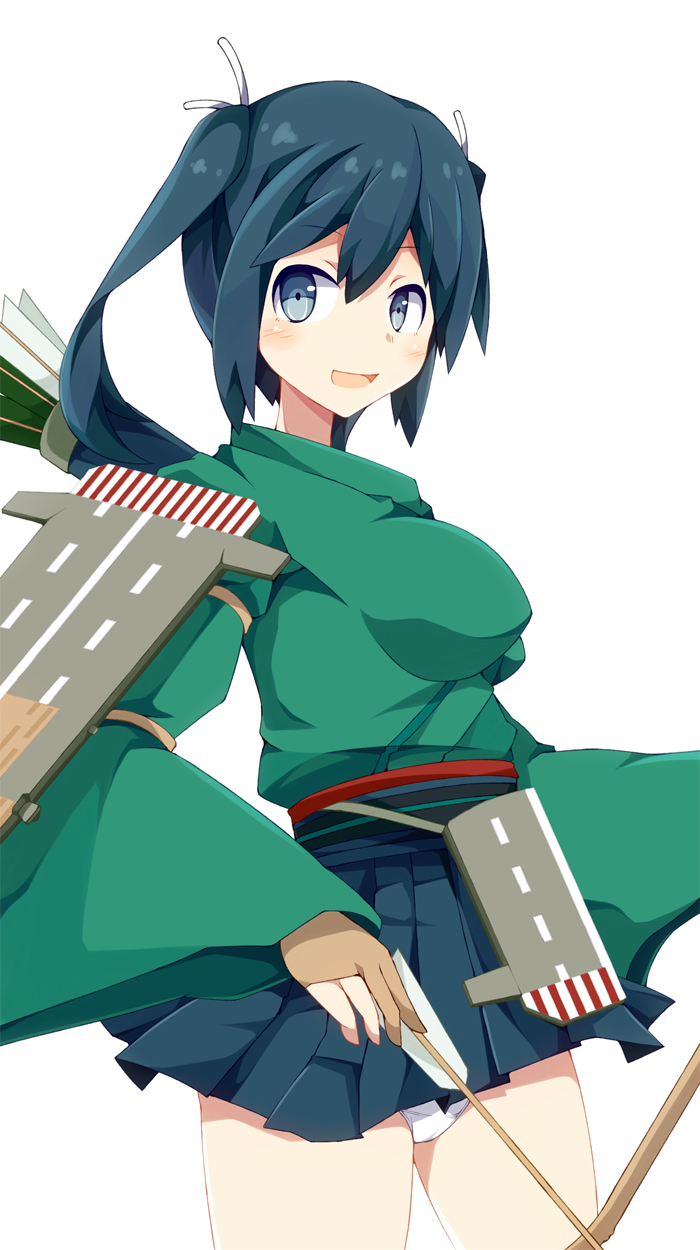 archery arrow blue_eyes blue_hair blush bow_(weapon) breasts flight_deck gloves highres japanese_clothes kantai_collection kyuudou medium_breasts open_mouth panties partly_fingerless_gloves quiver short_hair smile solo souryuu_(kantai_collection) twintails underwear weapon white_panties yugake yukikasa
