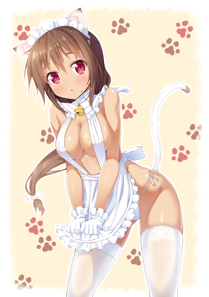 :o animal_ears apron apron_tug bell bell_collar blush bow breasts brown_hair cat_ears cat_tail cleavage collar cowboy_shot dark_skin gloves hair_bow ichi_makoto lace lace-trimmed_thighhighs large_breasts long_hair looking_at_viewer low_ponytail maid_headdress maou_no_shimobe_ga_arawareta! nearly_naked_apron panties parted_lips paw_print red_eyes side-tie_panties skindentation solo sweatdrop tail tareme thighhighs underwear white_gloves white_legwear white_panties