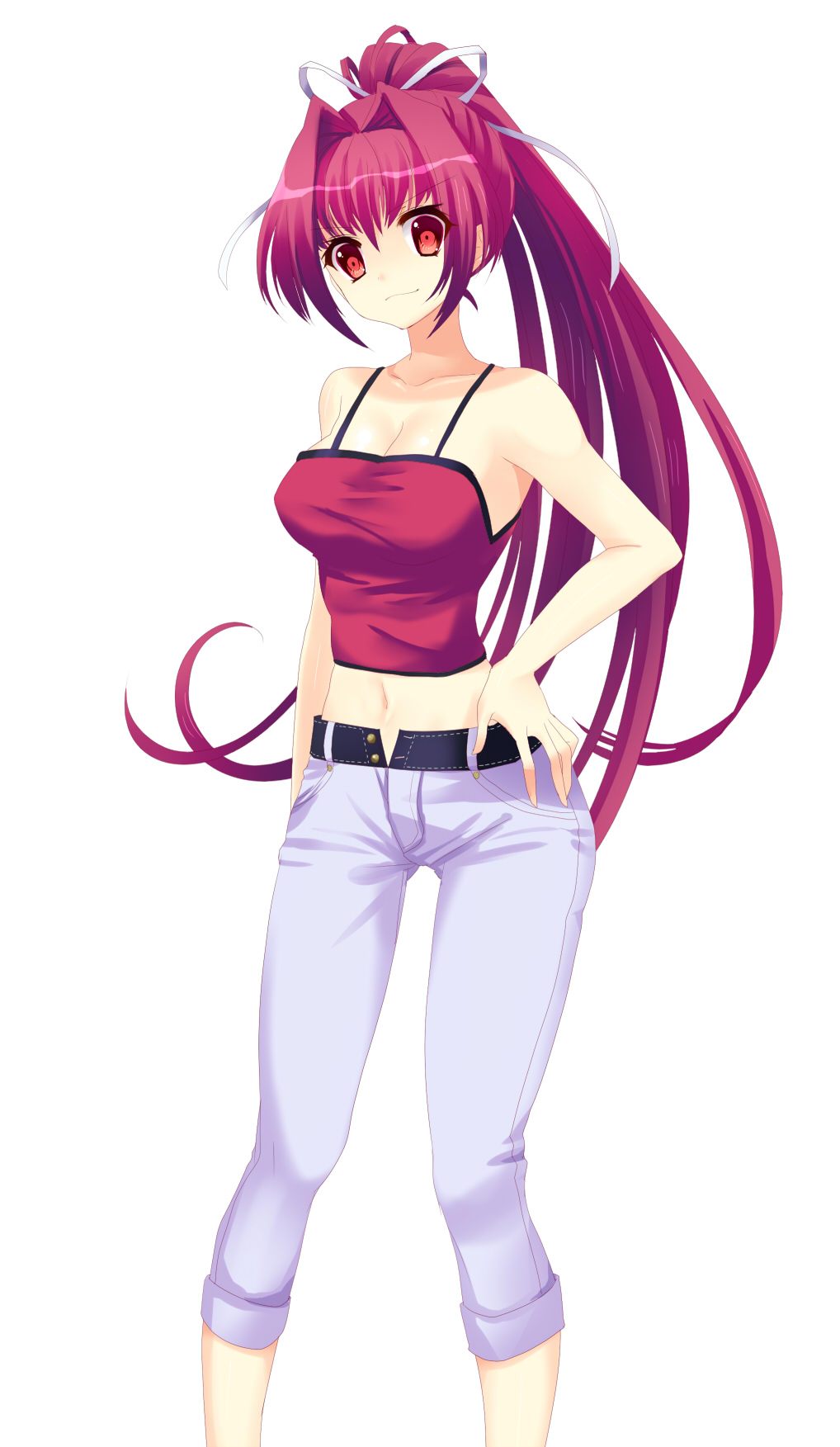 april_fools bad_id bad_pixiv_id banned_artist breasts capri_pants cleavage crop_top denim hair_intakes hair_ribbon hand_on_hip highres jeans large_breasts long_hair midriff navel open_fly pants ponytail purple_hair red_eyes ribbon shirt smile solo spaghetti_strap tank_top taut_clothes taut_shirt under_night_in-birth unzipped very_long_hair white_background yusano yuzuriha_(under_night_in-birth)