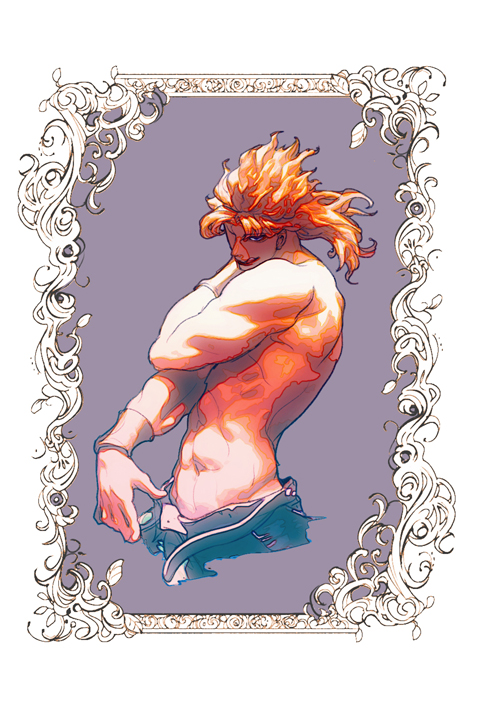 abs blonde_hair border dio_brando hakumai_(sse1331) jojo_no_kimyou_na_bouken leaf licking_lips looking_at_viewer male_focus mullet muscle plant shirtless solo tongue tongue_out vines wrist_cuffs