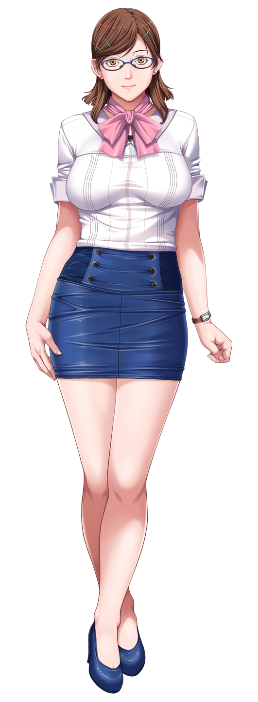 breasts brown_eyes brown_hair earrings full_body glasses hair_ornament hairclip high_heels highres jewelry large_breasts looking_at_viewer mihara_aika miniskirt p/a_~potential_ability~ ribbon sei_shoujo short_hair skirt smile solo transparent_background wristband