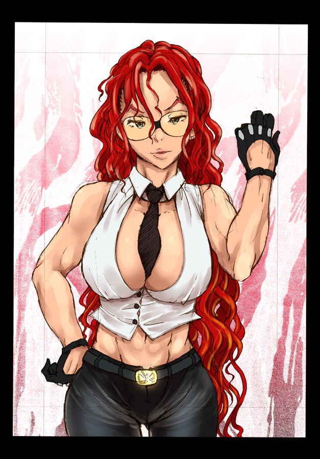 3e abs between_breasts breasts cleavage commentary_request crimson_viper gloves hair_down large_breasts lips long_hair mature muscle necktie necktie_between_breasts red_hair street_fighter street_fighter_iv_(series) sunglasses