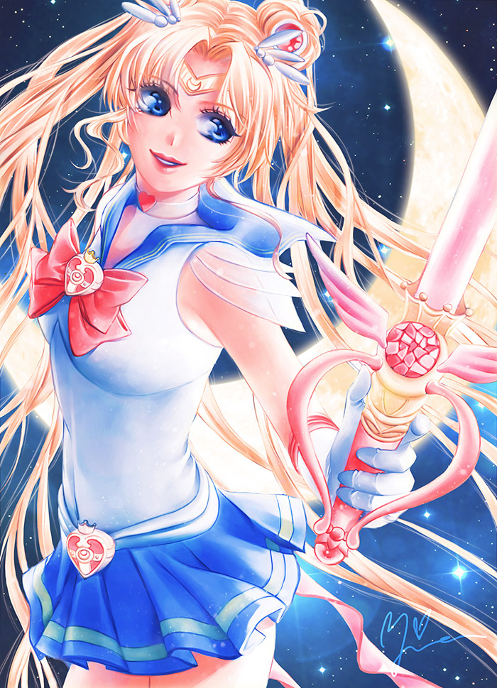 bishoujo_senshi_sailor_moon blonde_hair blue_eyes blue_sailor_collar bow choker crescent_moon double_bun gem gloves hair_ornament hairclip holding holding_wand kaleidomoon_scope lipstick long_hair looking_away magical_girl makeup moon night night_sky parted_lips pleated_skirt red_bow red_choker sailor_collar sailor_moon sailor_senshi_uniform signature skirt sky sleeveless smile solo star_(sky) starry_moon starry_sky tsukino_usagi twintails very_long_hair wand white_gloves yina