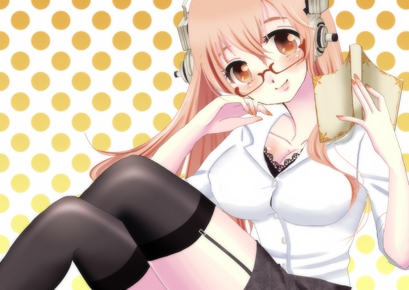 blush book breasts cleavage glasses hand_on_own_cheek headphones kon_dou_makoto large_breasts long_hair looking_at_viewer nitroplus office_lady pencil_skirt pink_eyes pink_hair skirt solo super_sonico