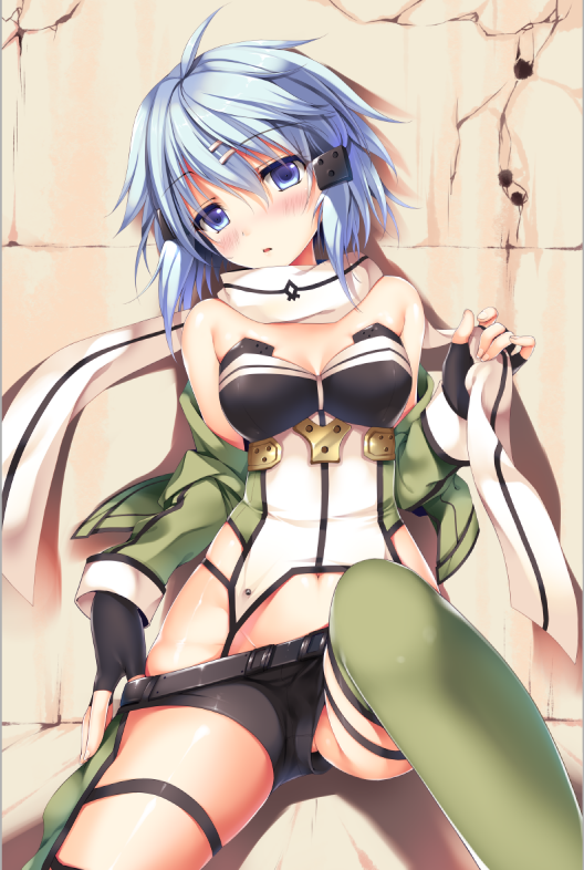 against_wall ahoge bad_id bad_pixiv_id belt black_gloves blue_eyes blue_hair breasts bullet_hole clothes_down fingerless_gloves gloves green_legwear jacket looking_at_viewer medium_breasts navel off_shoulder open_mouth scarf short_shorts shorts silhouette sinon sitting solo sousouman sword_art_online thigh_strap