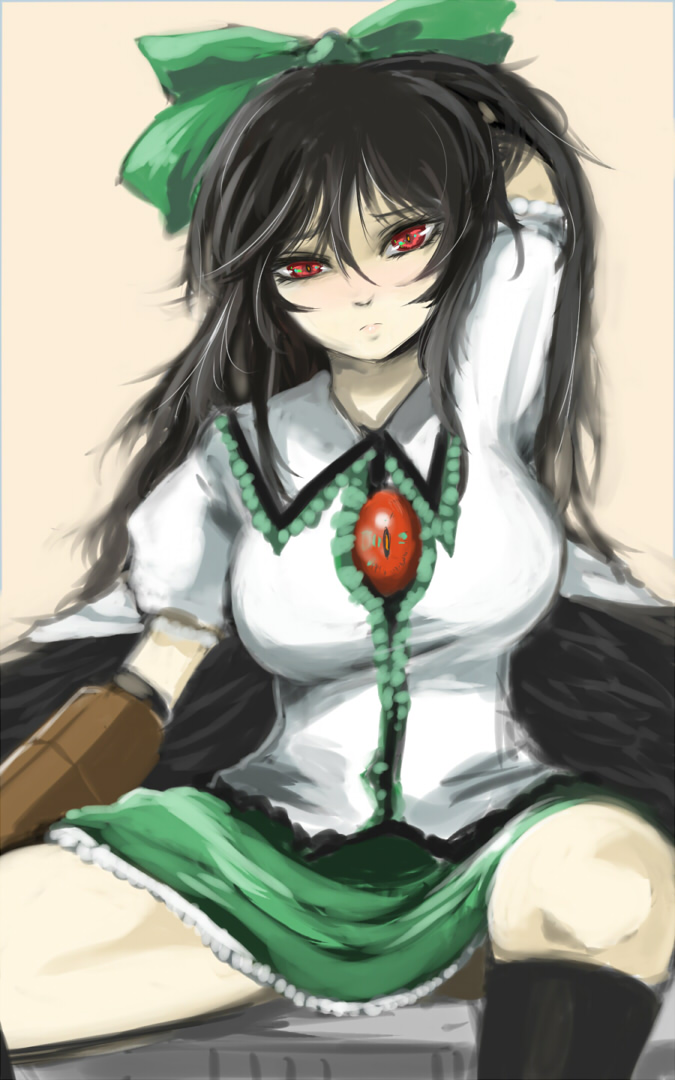 arm_behind_head arm_cannon arm_up black_hair black_legwear black_wings bow breasts frown ginji_(sakaki_summer) hair_bow kneehighs large_breasts long_hair looking_at_viewer puffy_short_sleeves puffy_sleeves red_eyes reiuji_utsuho short_sleeves simple_background sitting skirt solo tan_background thighs third_eye touhou weapon wings