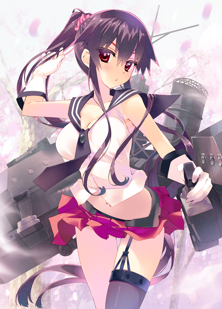 arikawa_satoru black_hair black_legwear blush breasts cleavage garter_straps gloves hair_flowing_over kantai_collection large_breasts long_hair looking_at_viewer midriff miniskirt navel ponytail red_eyes red_skirt school_uniform serafuku single_thighhigh skirt solo thighhighs white_gloves yahagi_(kantai_collection)