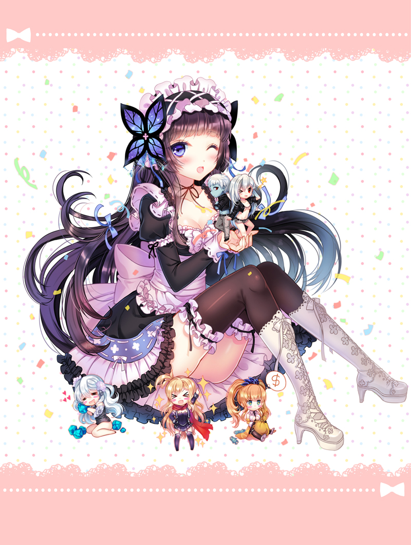&gt;_&lt; 4girls :d ;d black_hair black_legwear blue_eyes blue_sky boots breasts brown_hair cleavage closed_eyes collarbone dollar_sign dress drooling frilled_legwear frills full_body grey_hair hairband leg_garter letterboxed lolita_hairband looking_at_viewer medium_breasts miniboy minigirl multiple_girls one_eye_closed open_mouth original ratise simple_background sitting sky smile sparkle thighhighs thighs white_background xd zettai_ryouiki |d