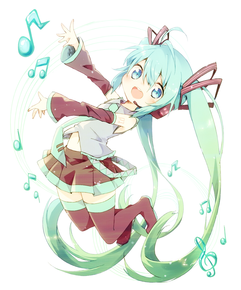 aqua_eyes aqua_hair ayakashi_(monkeypanch) bare_shoulders beamed_eighth_notes boots detached_sleeves eighth_note hatsune_miku headset highres long_hair looking_at_viewer musical_note necktie open_mouth quarter_note skirt smile solo thigh_boots thighhighs treble_clef twintails very_long_hair vocaloid