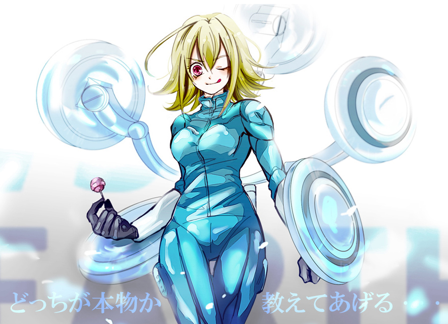 ;q blonde_hair bodysuit candy food koharu_turbo lollipop one_eye_closed red_eyes science_fiction sherika short_hair solo thigh_gap tongue tongue_out versus_earth