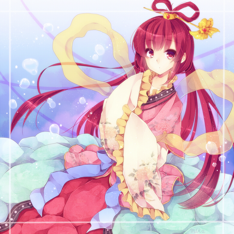 bad_id bad_pixiv_id flower hair_rings jewelry long_hair magi_the_labyrinth_of_magic miiko_(somnolent) red_eyes red_hair ren_kougyoku smile solo