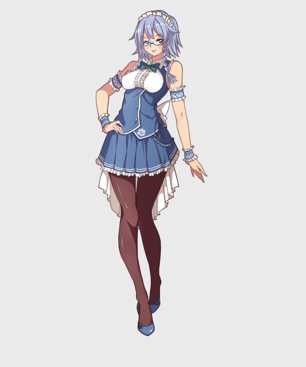 1girl alternate_costume bare_shoulders bespectacled blue_eyes blue_hair bow bowtie braid frills full_body glasses hand_on_hip izayoi_sakuya looking_at_viewer maid_headdress pantyhose shoes short_hair simple_background skirt smile solo touhou twin_braids wengcang_hefeng wrist_cuffs