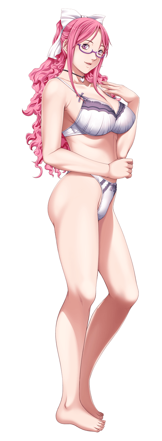 bare_shoulders barefoot bra breasts cleavage full_body glasses hair_ribbon highres jewelry kusukawa_suzune large_breasts looking_at_viewer necklace p/a_~potential_ability~ panties pink_hair purple_eyes ribbon sei_shoujo smile solo transparent_background underwear underwear_only