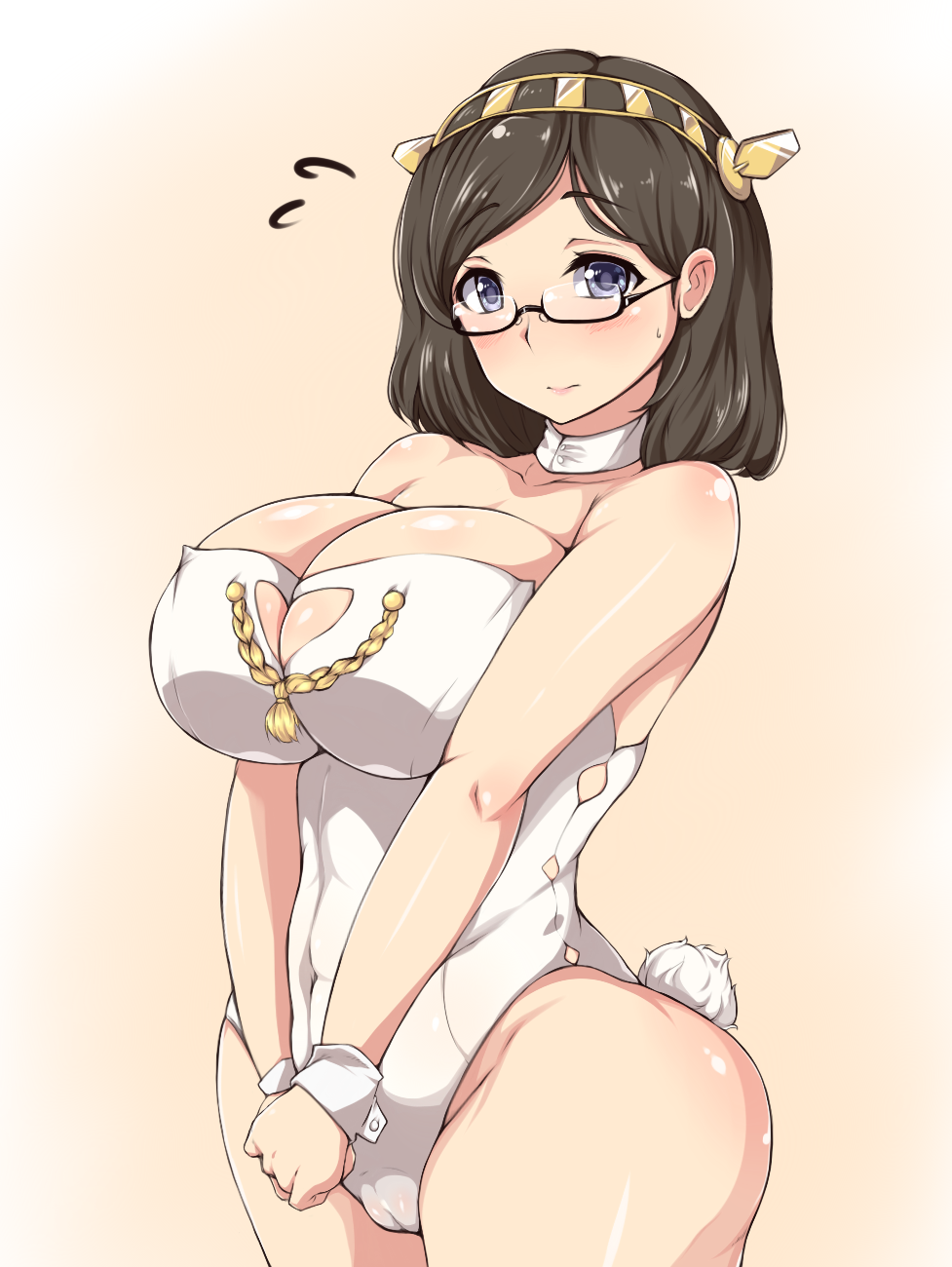 bad_id bad_pixiv_id blue_eyes blush breast_squeeze breasts brown_hair bunny_tail bunnysuit cameltoe cleavage cleavage_cutout curvy glasses gradient gradient_background hairband highres kantai_collection kirishima_(kantai_collection) large_breasts moisture_(chichi) semi-rimless_eyewear short_hair simple_background smile solo tail under-rim_eyewear wrist_cuffs
