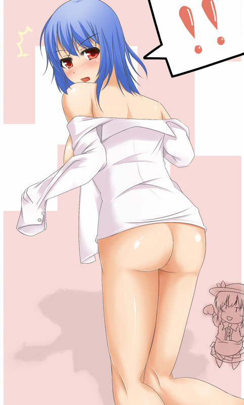 !! /\/\/\ 1girl ass bare_shoulders beige_background bottomless breasts cube_(circussion) from_behind kneepits large_breasts looking_back nagae_iku naked_shirt no_pants off-shoulder_sweater shade shirt simple_background solo spoken_exclamation_mark sweater touhou white_shirt