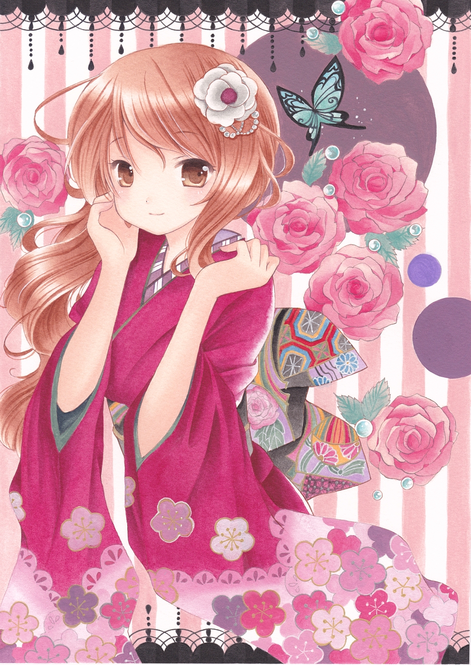 acrylic_paint_(medium) bangs beads brown_eyes brown_hair bug butterfly calligraphy_pen_(medium) floral_print flower hair_flower hair_ornament highres insect japanese_clothes kimono long_hair looking_at_viewer obi original pink_flower pink_rose pom77 rose sash smile solo striped striped_background traditional_media vertical-striped_background vertical_stripes wavy_hair