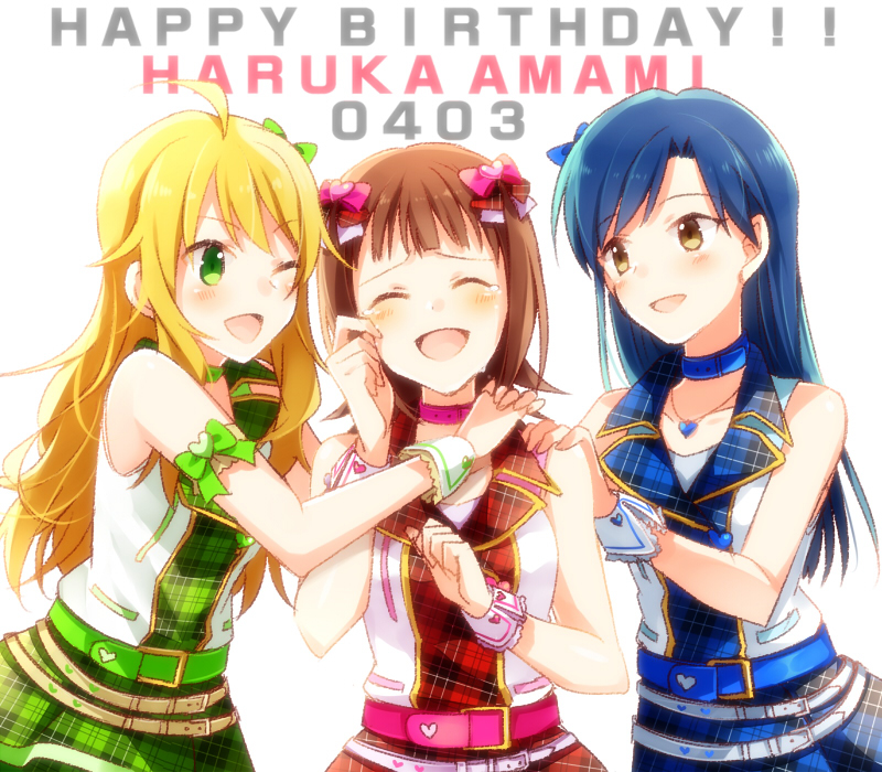 :d ;d ^_^ amami_haruka blonde_hair blue_hair brown_hair check_my_note choker closed_eyes costume girl_sandwich green_eyes hand_on_another's_shoulder happy_birthday hoshii_miki idolmaster idolmaster_(classic) idolmaster_one_for_all jewelry kisaragi_chihaya konase_(non_stop!) long_hair multiple_girls necklace one_eye_closed open_mouth plaid plaid_skirt ribbon sandwiched skirt smile tears yellow_eyes