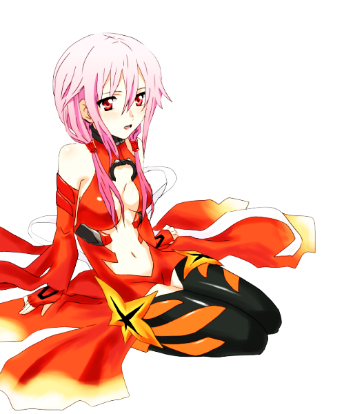 bare_shoulders black_legwear breasts center_opening chimari cleavage detached_sleeves fingerless_gloves gloves guilty_crown hair_ornament hairclip long_hair medium_breasts navel open_mouth pink_hair red_eyes solo thighhighs twintails yuzuriha_inori