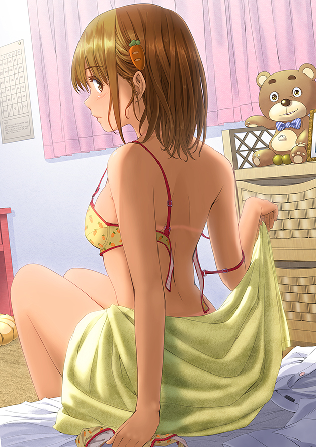 arm_support back bad_id bad_pixiv_id bed bed_sheet bottomless bra brown_eyes brown_hair carrot carrot_hair_ornament carrot_print dutch_angle food_print food_themed_hair_ornament hair_ornament original panties panties_removed print_panties short_hair sitting solo stuffed_animal stuffed_toy tan tanline teddy_bear underwear unfastened yellow_bra yellow_panties yoropa