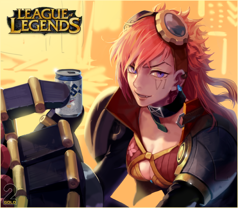 2gold blue_eyes breasts cleavage copyright_name drink earrings fangs goggles jewelry league_of_legends long_sleeves looking_at_viewer mechanical_arm mechanical_arms medium_breasts open_mouth pink_hair smile solo vi_(league_of_legends)