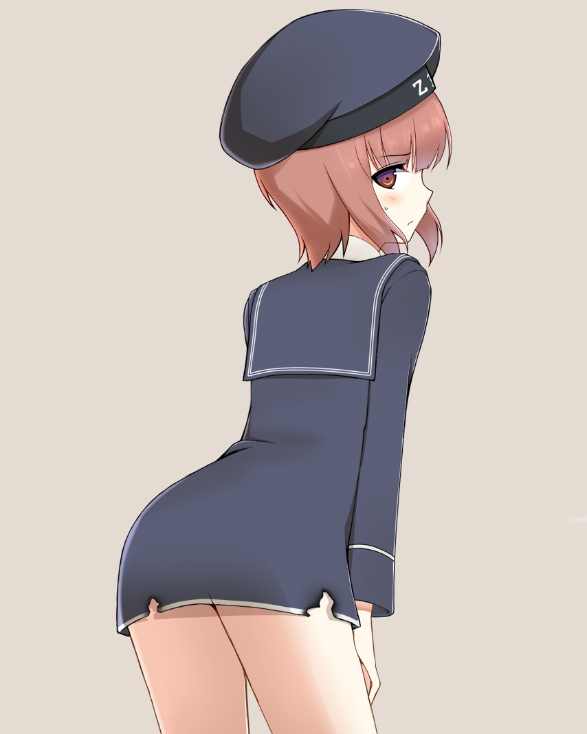 blush brown_background clothes_writing from_behind hat kantai_collection looking_at_viewer looking_back momiji7728 red_eyes red_hair sailor_collar sailor_hat short_hair simple_background solo z3_max_schultz_(kantai_collection)
