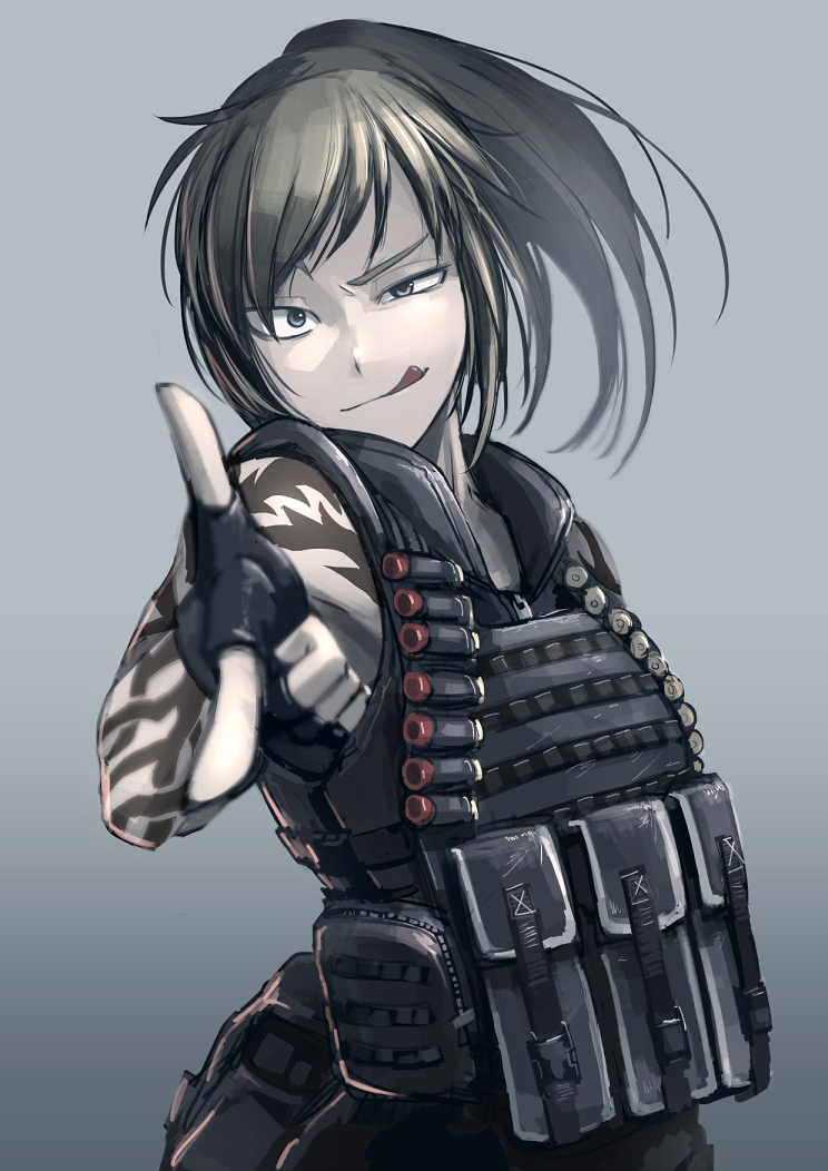 ;p ammunition blue_eyes blurry brown_hair bulletproof_vest depth_of_field fingerless_gloves gloves hetza_(hellshock) load_bearing_vest looking_at_viewer one_eye_closed original pointing pointing_at_viewer pouch shotgun_shells snap-fit_buckle solo suzumi_(hetza) tattoo tongue tongue_out