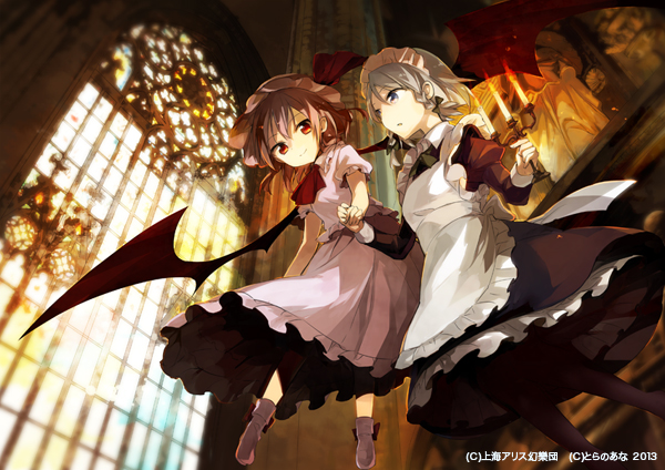apron bat_wings black_dress blue_eyes candlestand dress flying_sweatdrops hat hat_ribbon holding_hands izayoi_sakuya maid maid_apron maid_headdress mob_cap multiple_girls pink_dress puffy_sleeves red_eyes remilia_scarlet ribbon rin_(royal) scarlet_devil_mansion short_sleeves silver_hair smile stained_glass touhou wings