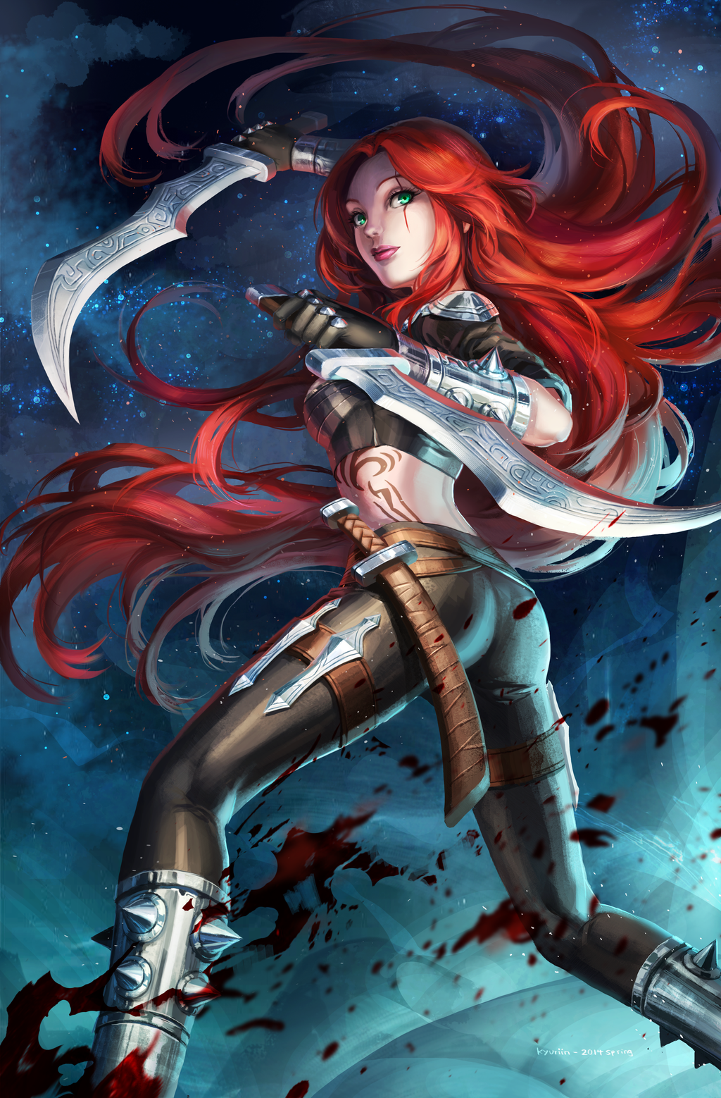 black_gloves black_pants blood dagger dual_wielding gloves green_eyes highres holding holding_weapon katarina_du_couteau kyurin_(sunnydelight) league_of_legends long_hair midriff pants red_hair scar smile solo weapon