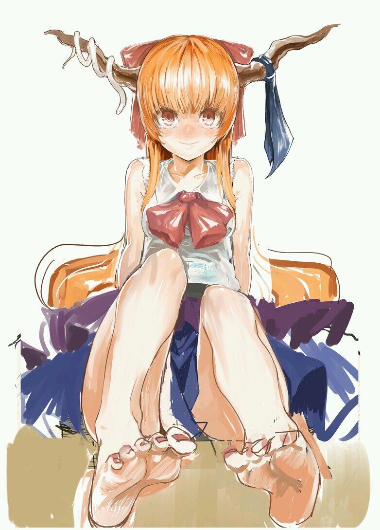 blush bow brown_eyes colorized dress feet hair_ornament hair_ribbon horn_ribbon horns ibuki_suika long_hair looking_at_viewer nail_polish orange_hair oshake ribbon simple_background sitting sketch sleeveless smile solo toenail_polish toenails touhou