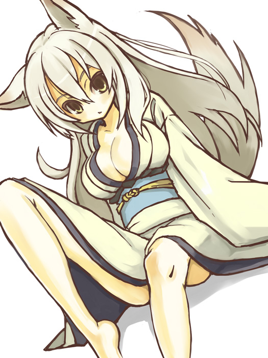 animal_ears barefoot breasts cleavage fox_ears fox_tail hair_between_eyes japanese_clothes kimono large_breasts long_hair looking_at_viewer obi open_clothes original sash senhappyaku simple_background sitting solo tail white_background white_hair yellow_eyes