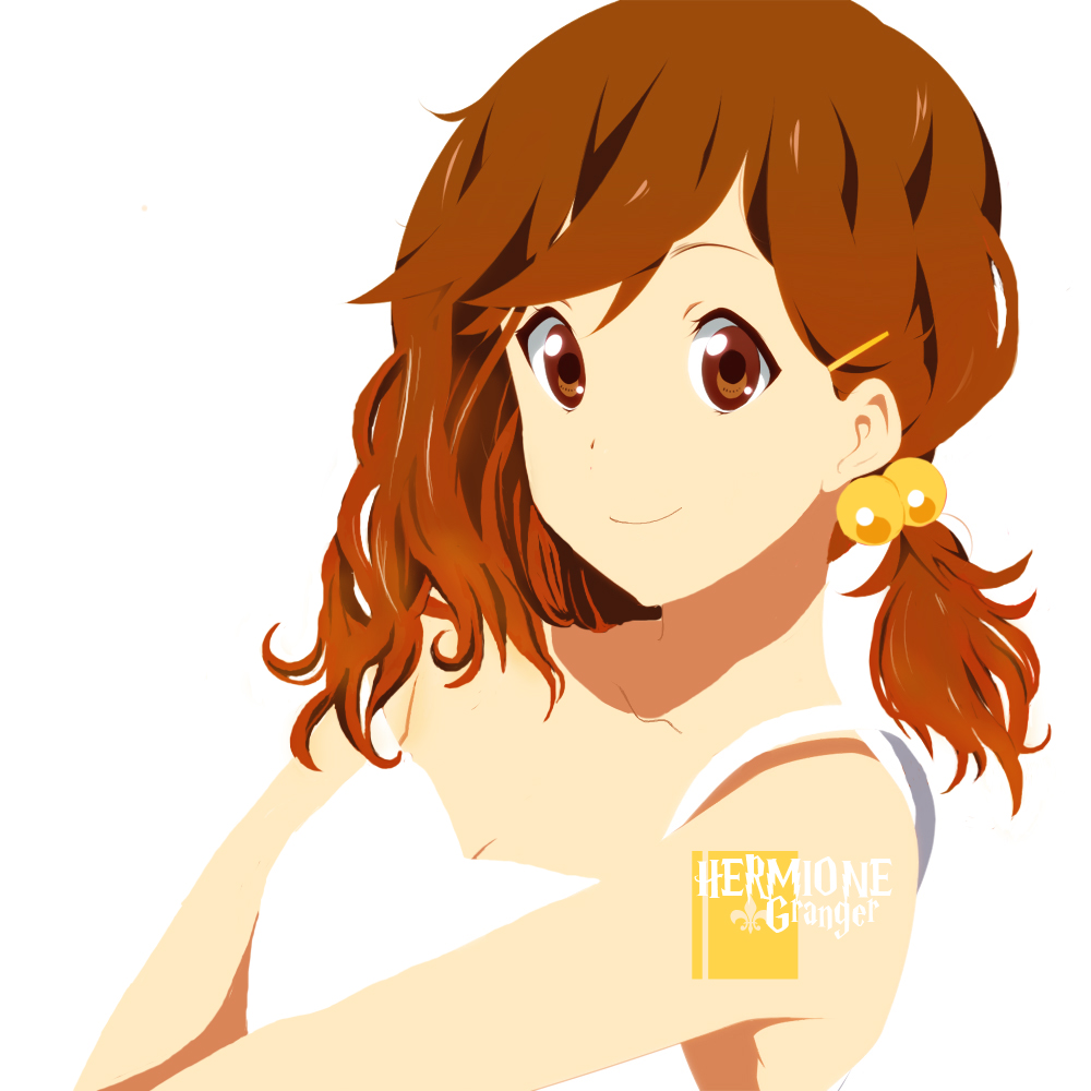 1girl arms bangs brown_eyes brown_hair bust casual character_name ears face female hair_bobbles hair_ornament hairclip harry_potter hermione_granger horiguchi_yukiko k-on! long_hair looking_at_viewer parody pose shade shadow shirt side_ponytail simple_background smile solo strap_gap strap_slip style_parody tank_top tattoo upper_body wavy_hair white_background white_shirt