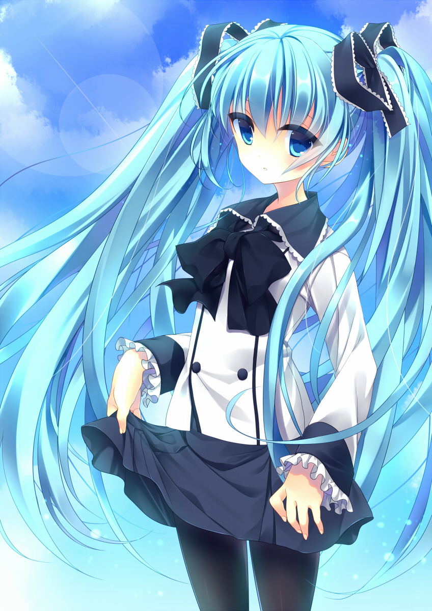 aqua_hair black_legwear blue_eyes day hair_ribbon hatsune_miku highres long_hair nametakenoko pantyhose ribbon skirt skirt_hold sky solo twintails very_long_hair vocaloid