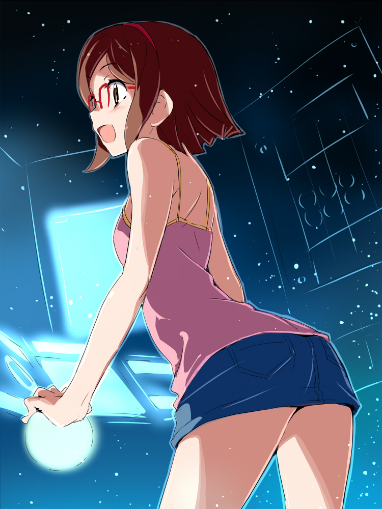 :d akata_itsuki ass back bare_shoulders blush breasts brown_eyes brown_hair camisole cowboy_shot denim denim_skirt floating_screen from_side glasses glowing gundam gundam_build_fighters hairband happy indoors kousaka_china light_particles looking_afar miniskirt monitor open_mouth outline over-rim_eyewear pencil_skirt profile red-framed_eyewear semi-rimless_eyewear short_hair skirt small_breasts smile solo