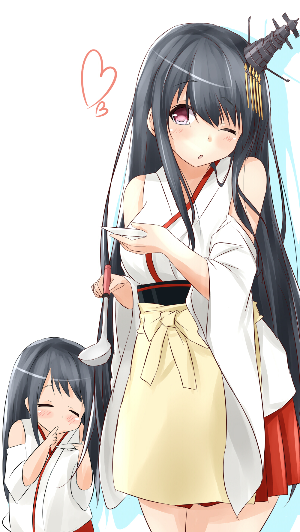 bare_shoulders black_hair breasts closed_eyes commentary_request detached_sleeves finger_in_mouth fusou_(kantai_collection) hair_ornament heart highres if_they_mated kantai_collection ladle large_breasts long_hair looking_at_viewer mother_and_daughter multiple_girls one_eye_closed pink_eyes saku_(kudrove) skirt very_long_hair younger