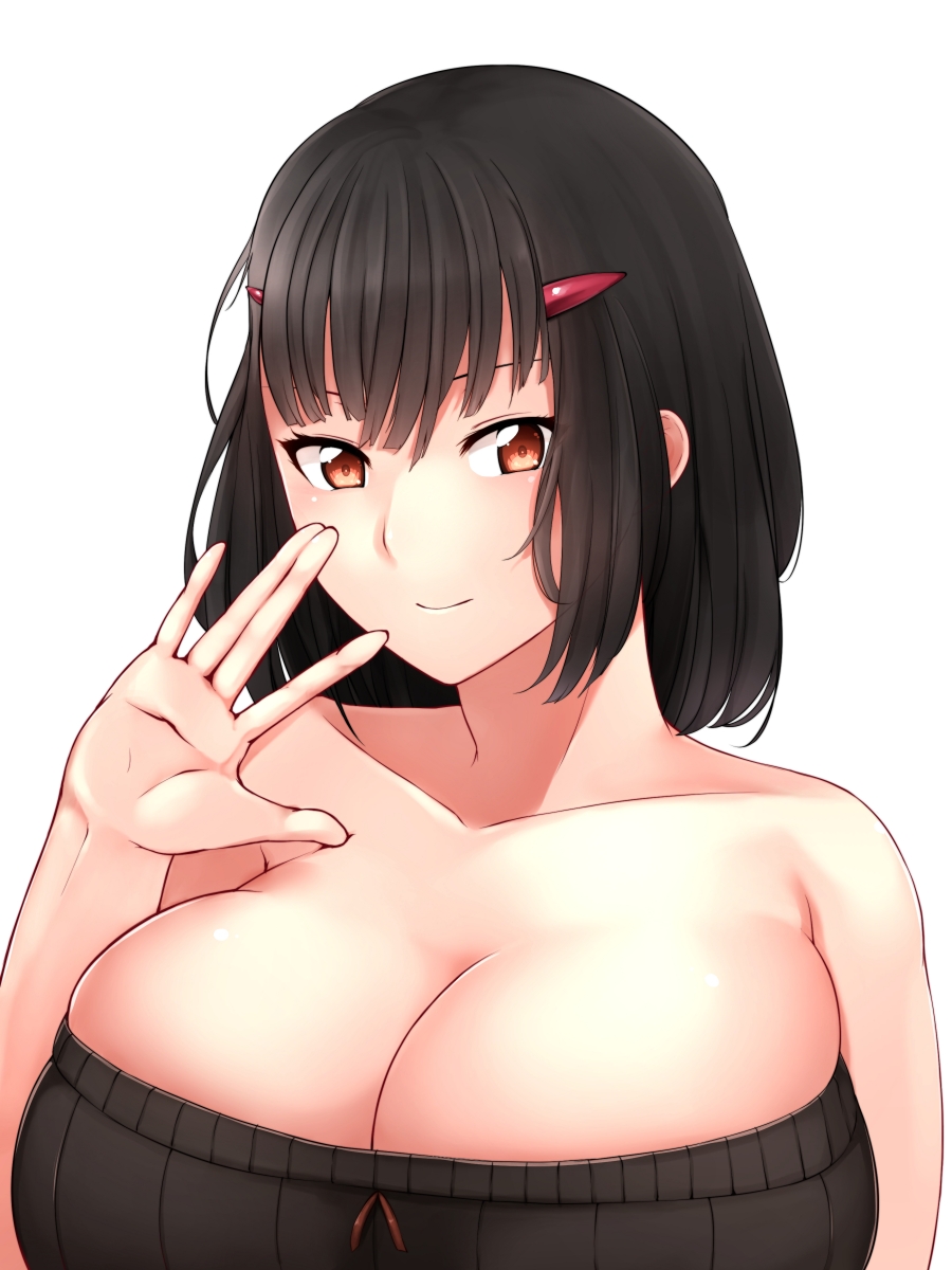 bare_shoulders black_hair breasts cleavage hair_ornament hairclip highres huge_breasts looking_at_viewer original shumichi simple_background skindentation smile solo upper_body waving white_background
