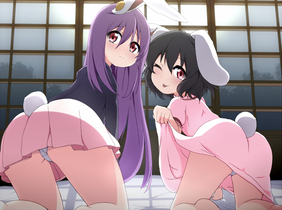 ;p all_fours animal_ears ass black_hair blazer blush bunny_ears bunny_tail bwell dress from_behind inaba_tewi jacket long_hair looking_at_viewer looking_back multiple_girls one_eye_closed panties pink_dress purple_hair red_eyes reisen_udongein_inaba short_hair skirt smile tail tongue tongue_out touhou underwear white_panties