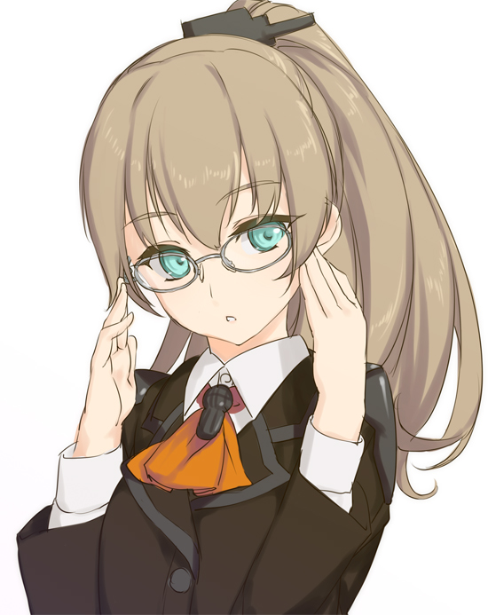 adjusting_eyewear bespectacled brown_hair glasses kantai_collection kumano_(kantai_collection) long_hair looking_at_viewer ponytail rokuwata_tomoe simple_background solo white_background