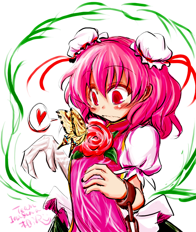 aizawa_(teaminazuma) artist_name bad_id bad_pixiv_id bandages banned_artist blush bug bun_cover butterfly chain chinese_clothes double_bun flower heart ibaraki_kasen insect pink_hair red_eyes rose short_hair sketch solo surprised tabard touhou