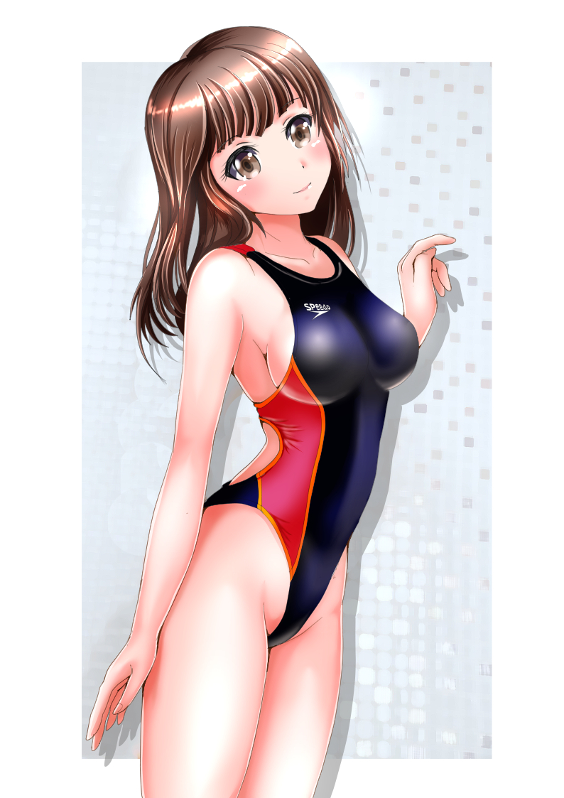 brown_eyes brown_hair competition_swimsuit long_hair mashinatsu one-piece_swimsuit original solo speedo_(company) standing swimsuit