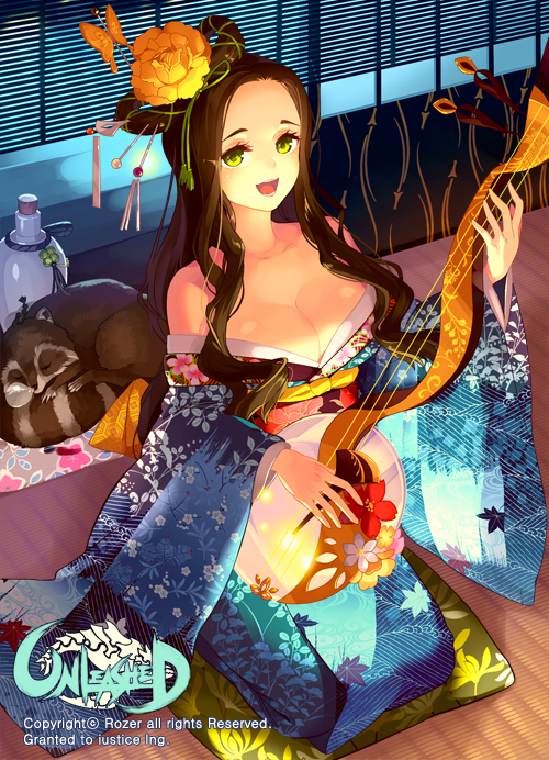 bare_shoulders breasts brown_hair cleavage flower hair_flower hair_ornament instrument japanese_clothes kimono large_breasts original raccoon rozer seiza sitting solo yellow_eyes