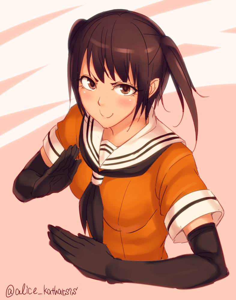 bangs blush brown_eyes brown_hair elbow_gloves gloves kantai_collection kedama_keito looking_at_viewer open_mouth sendai_(kantai_collection) short_hair smile solo twitter_username two_side_up