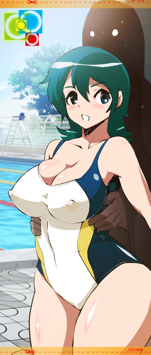 breasts cleavage competition_swimsuit covered_nipples green_eyes green_hair highres huge_breasts one-piece_swimsuit original poolside shadow short_hair swimsuit wide_hips yunioshi