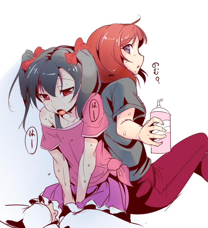 ajishio back-to-back black_hair blush bow hair_bow love_live! love_live!_school_idol_project multiple_girls nishikino_maki off_shoulder open_mouth purple_eyes red_eyes red_hair shirt short_hair sitting squirt_bottle sweat t-shirt thighhighs tied_shirt tongue tongue_out twintails yazawa_nico
