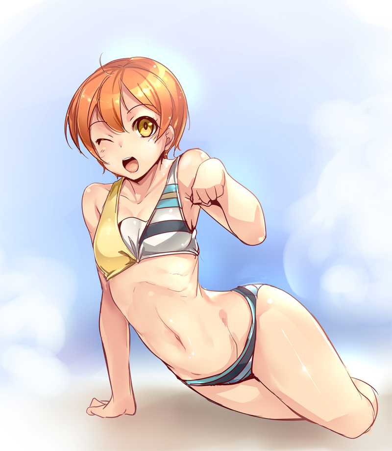 ;d ajishio arm_support bikini blush breasts cleavage groin hoshizora_rin looking_at_viewer love_live! love_live!_school_idol_project lying multicolored multicolored_stripes navel on_side one_eye_closed open_mouth orange_hair paw_pose short_hair small_breasts smile solo striped striped_bikini swimsuit yellow_eyes