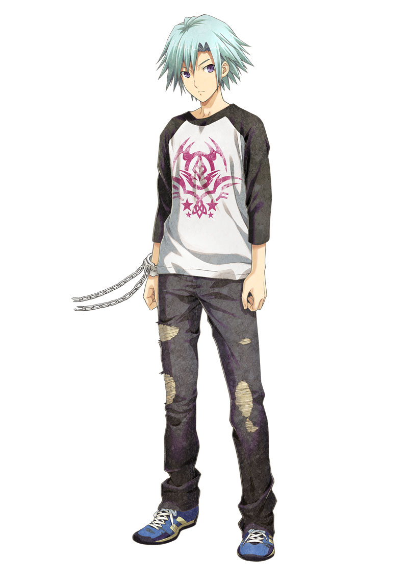 1boy aqua_hair bangs chained chains cuffs denim disorder_6 ears full_body hair_between_eyes handcuffs hands jeans joe_(disorder_6) legs long_image long_sleeves looking_at_viewer male male_focus nagahama_megumi official_art pants purple_eyes raglan_sleeves shirt shoes short_hair simple_background sneakers solo standing symbol tall_image torn_clothes torn_jeans uniform white_background