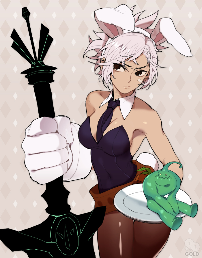 1girl 2gold alternate_costume animal_ears battle_bunny_riven belt black_eyes breasts bunny_ears bunny_girl bunny_tail bunnysuit cleavage detached_collar folded_ponytail frown gloves grey_hair holding holding_weapon league_of_legends leotard medium_breasts pantyhose riven_(league_of_legends) short_hair sword tail weapon zac