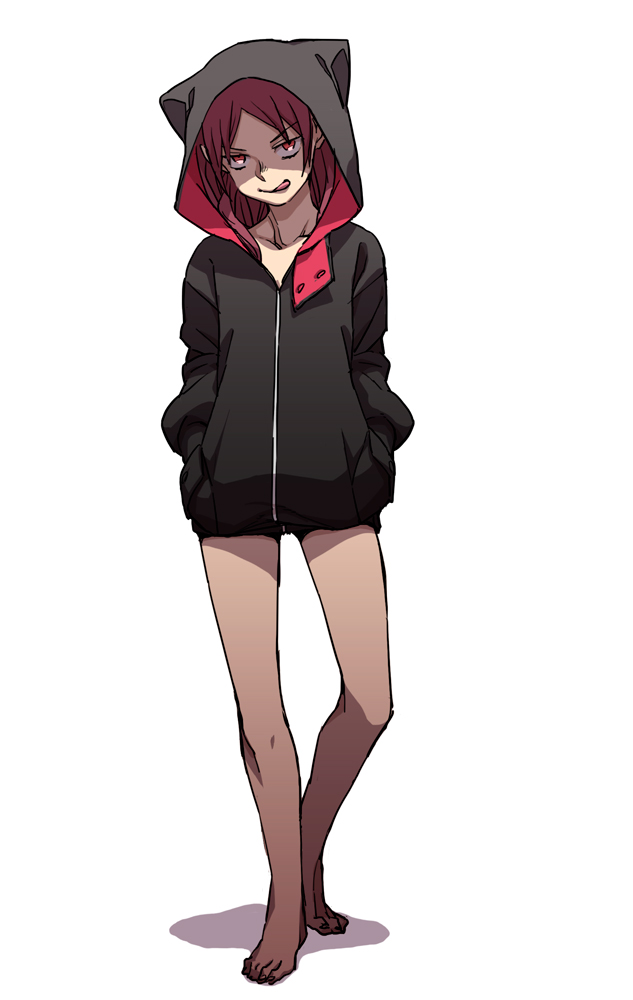 :q bare_legs barefoot full_body hands_in_pockets hood hoodie kyo-ani_love licking_lips mahou_shoujo_madoka_magica red_eyes red_hair sakura_kyouko simple_background solo tongue tongue_out white_background