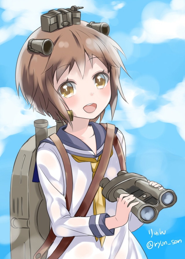 bad_id bad_pixiv_id bangs binoculars blush brown_hair dress headgear kantai_collection looking_at_viewer open_mouth ryunxryun sailor_dress school_uniform serafuku short_hair solo yellow_eyes yukikaze_(kantai_collection)