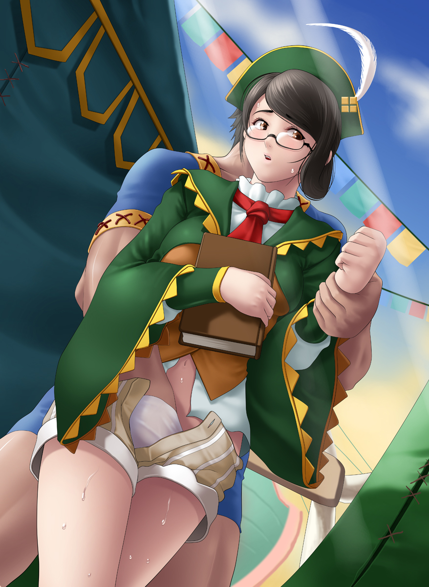 1boy 1girl bare_legs black_hair book brown_eyes brown_hair capcom deep_rising dutch_angle feather feathers fingering glasses guildmarm_(monster_hunter) hand_under_clothes hat monster_hunter monster_hunter_4 muscle navel necktie open_clothes open_shorts outdoors panties receptionist_(monster_hunter_4) semi-rimless_glasses short_hair shorts thor_(deep_rising) under-rim_glasses underwear
